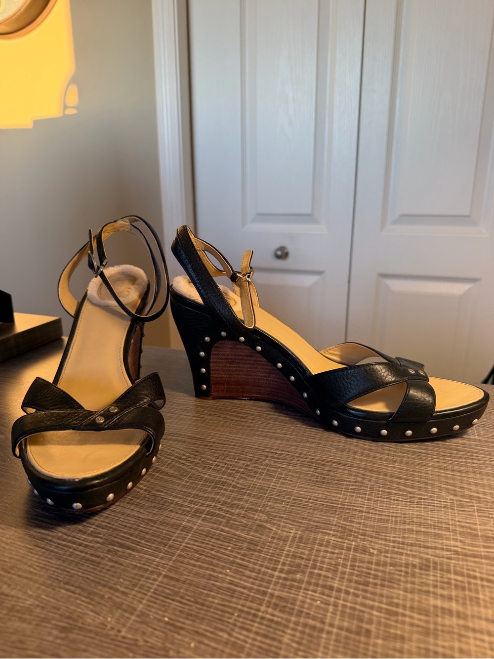 UGG Black and Tan Studded Wedge Sandals